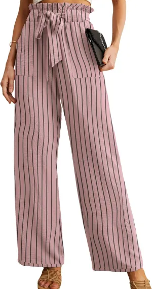 IWOLLENCE Women's Wide Leg Pants with Pockets High Waist Adjustable Knot Loose Casual Trousers Business Work Casual Pants