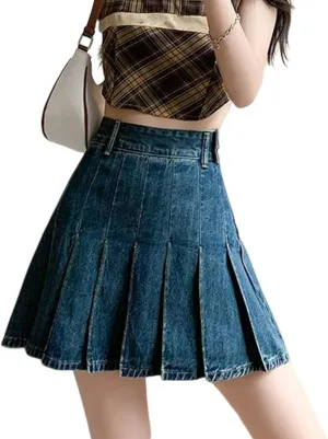 Jean Skirt for Women High Waisted Vintage A-line Flare Pleated Uniform Denim Skirt Raw Hem Mini Skirt