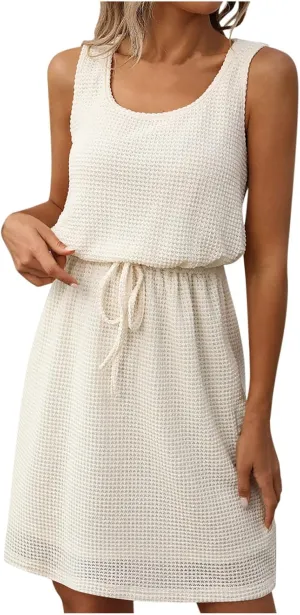 JOAU Women Summer Sleeveless Tank Dress Scoop Neck Elastic Drawstring Waist Knee Length Dresses A-Line Casual Beach Sundress