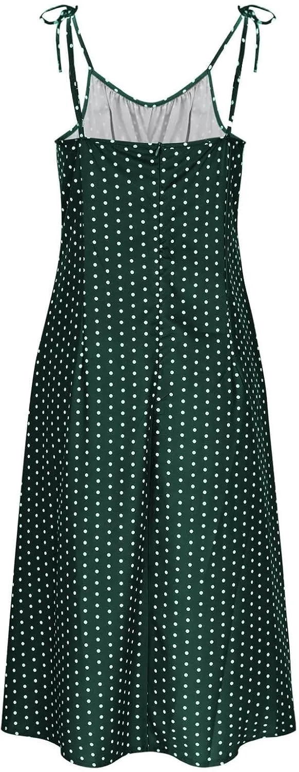 JOAU Women's Polka Dot Sundresses Spaghetti Strap Summer Slim Fit Side Slit Midi Dress Sexy A Line Beach Vacation Dresses