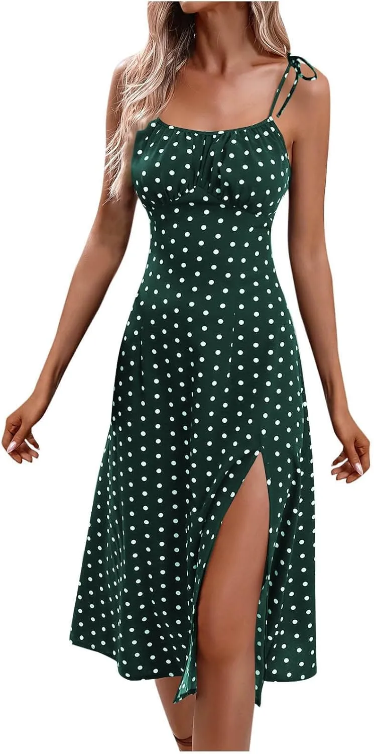 JOAU Women's Polka Dot Sundresses Spaghetti Strap Summer Slim Fit Side Slit Midi Dress Sexy A Line Beach Vacation Dresses