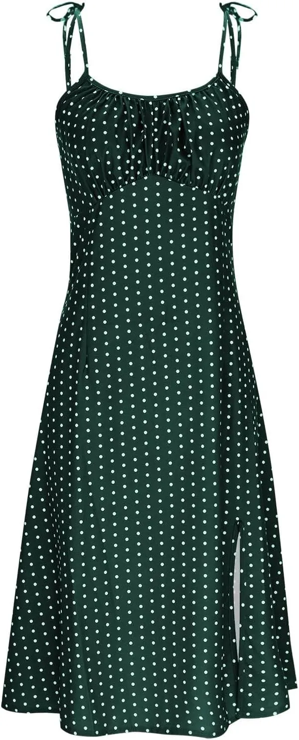 JOAU Women's Polka Dot Sundresses Spaghetti Strap Summer Slim Fit Side Slit Midi Dress Sexy A Line Beach Vacation Dresses