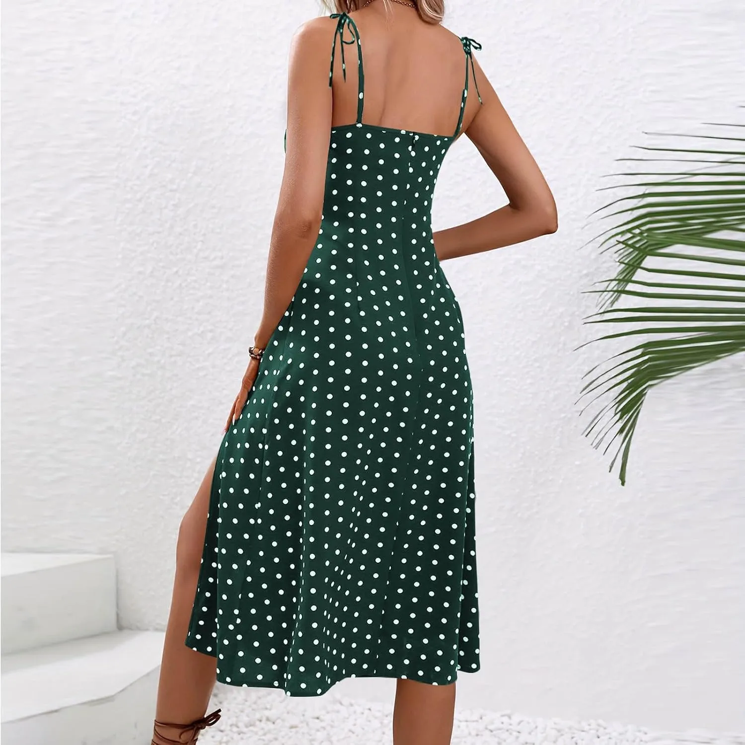 JOAU Women's Polka Dot Sundresses Spaghetti Strap Summer Slim Fit Side Slit Midi Dress Sexy A Line Beach Vacation Dresses