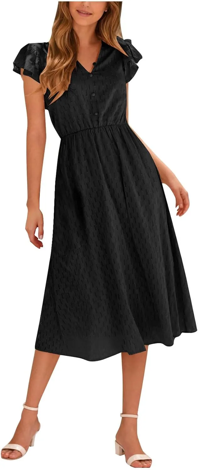 JOAU Womens Summer Casual Button Down Midi Dress Ruffle Short Sleeve V Neck Flowy A Line Beach Vacation Dresses