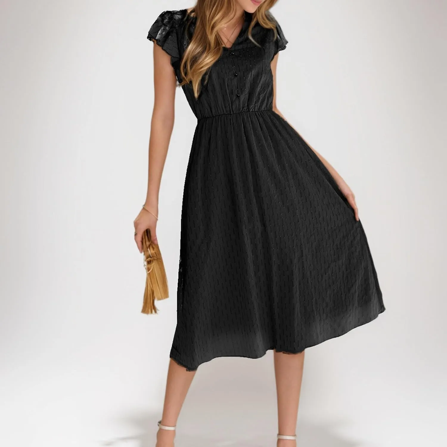 JOAU Womens Summer Casual Button Down Midi Dress Ruffle Short Sleeve V Neck Flowy A Line Beach Vacation Dresses