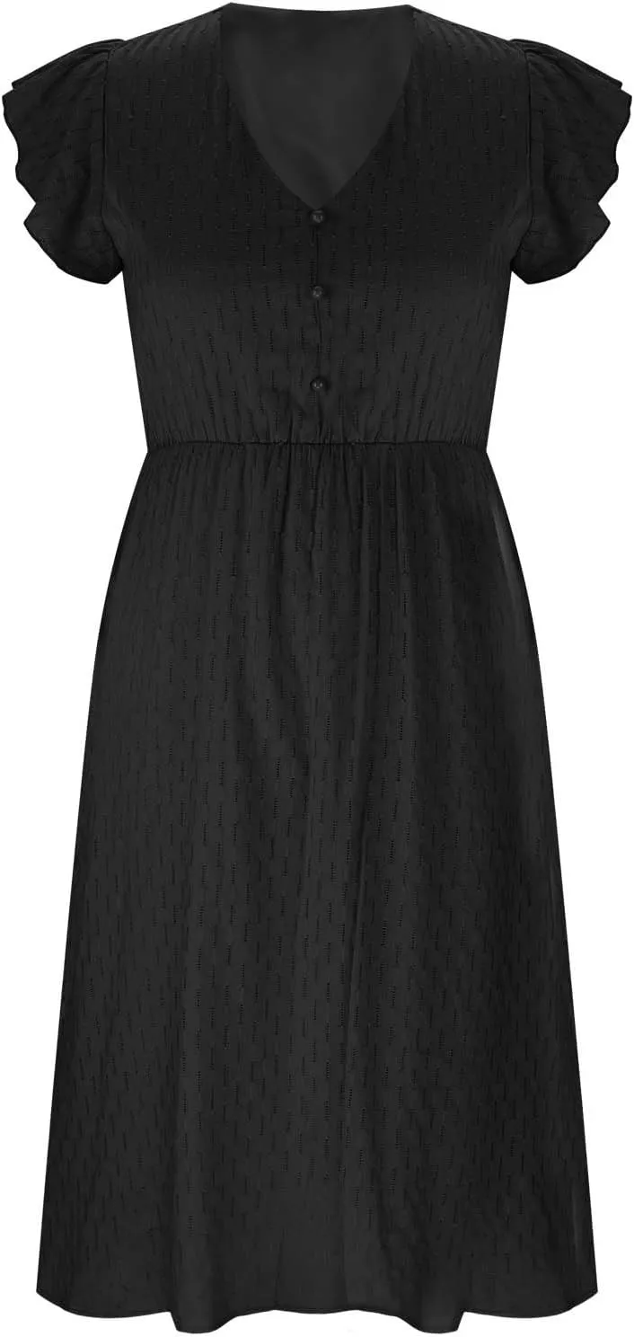 JOAU Womens Summer Casual Button Down Midi Dress Ruffle Short Sleeve V Neck Flowy A Line Beach Vacation Dresses