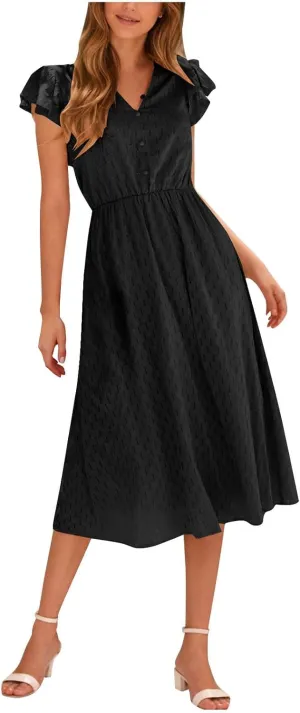 JOAU Womens Summer Casual Button Down Midi Dress Ruffle Short Sleeve V Neck Flowy A Line Beach Vacation Dresses