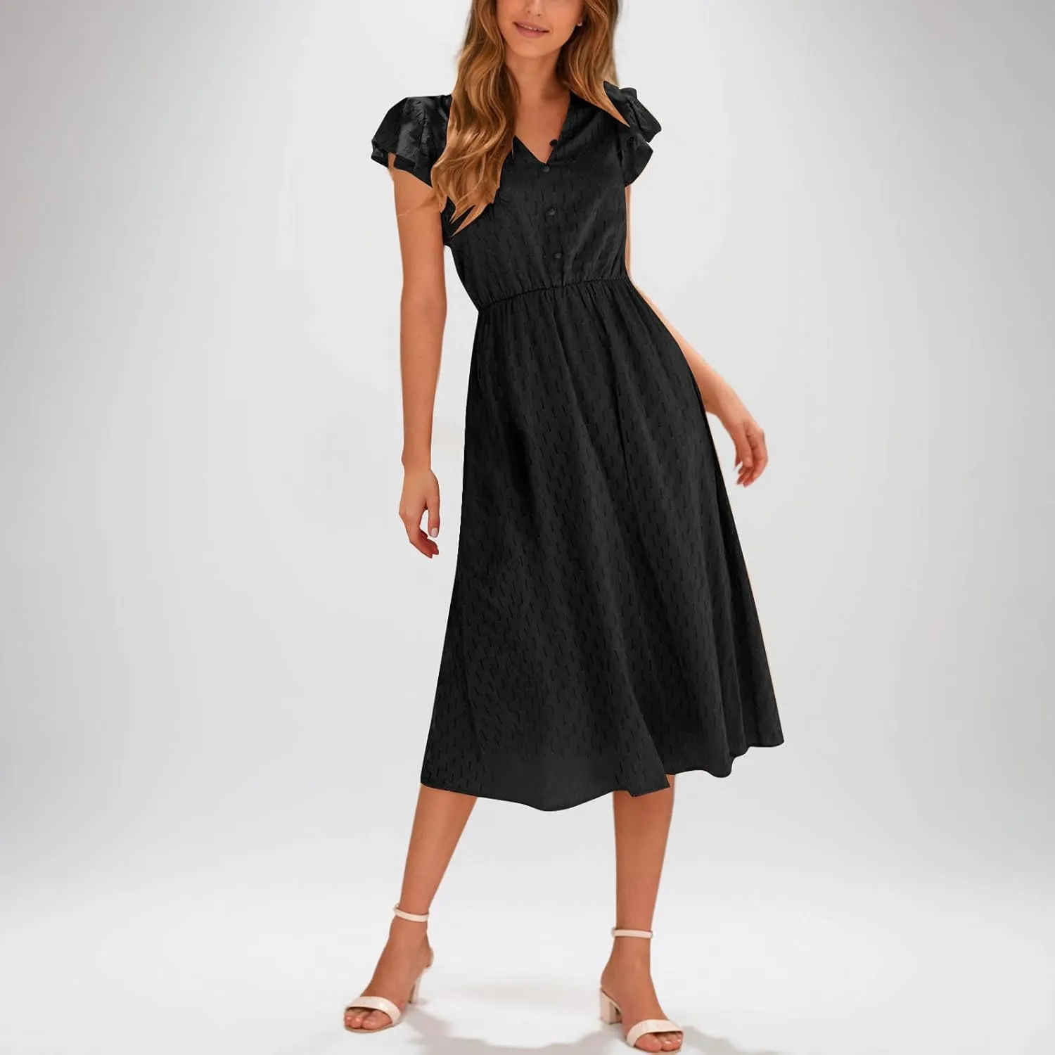 JOAU Womens Summer Casual Button Down Midi Dress Ruffle Short Sleeve V Neck Flowy A Line Beach Vacation Dresses