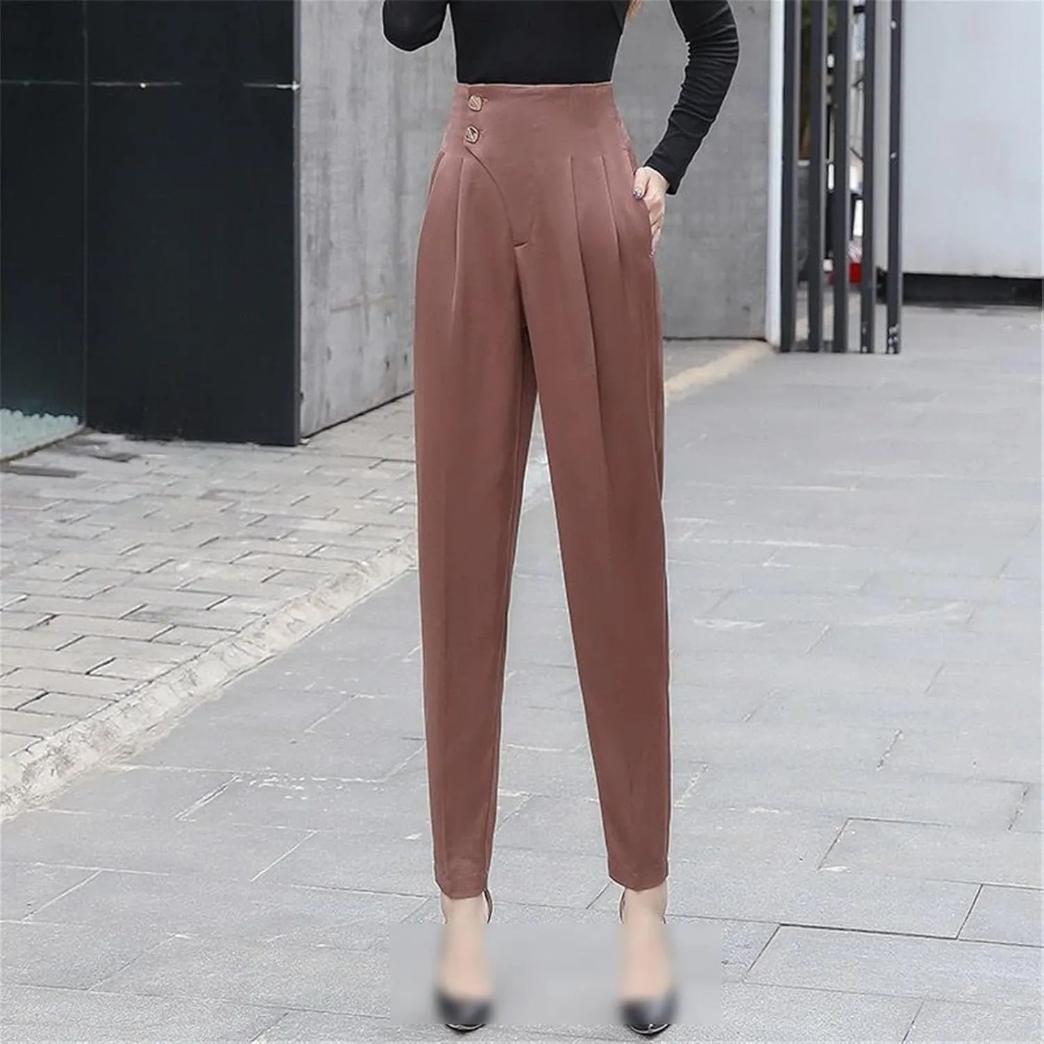 Kelsiop Solid Color Women's High Waist Harem Pants Spring and Autumn Office Workers Button Splicing Casual Cropped Pants
