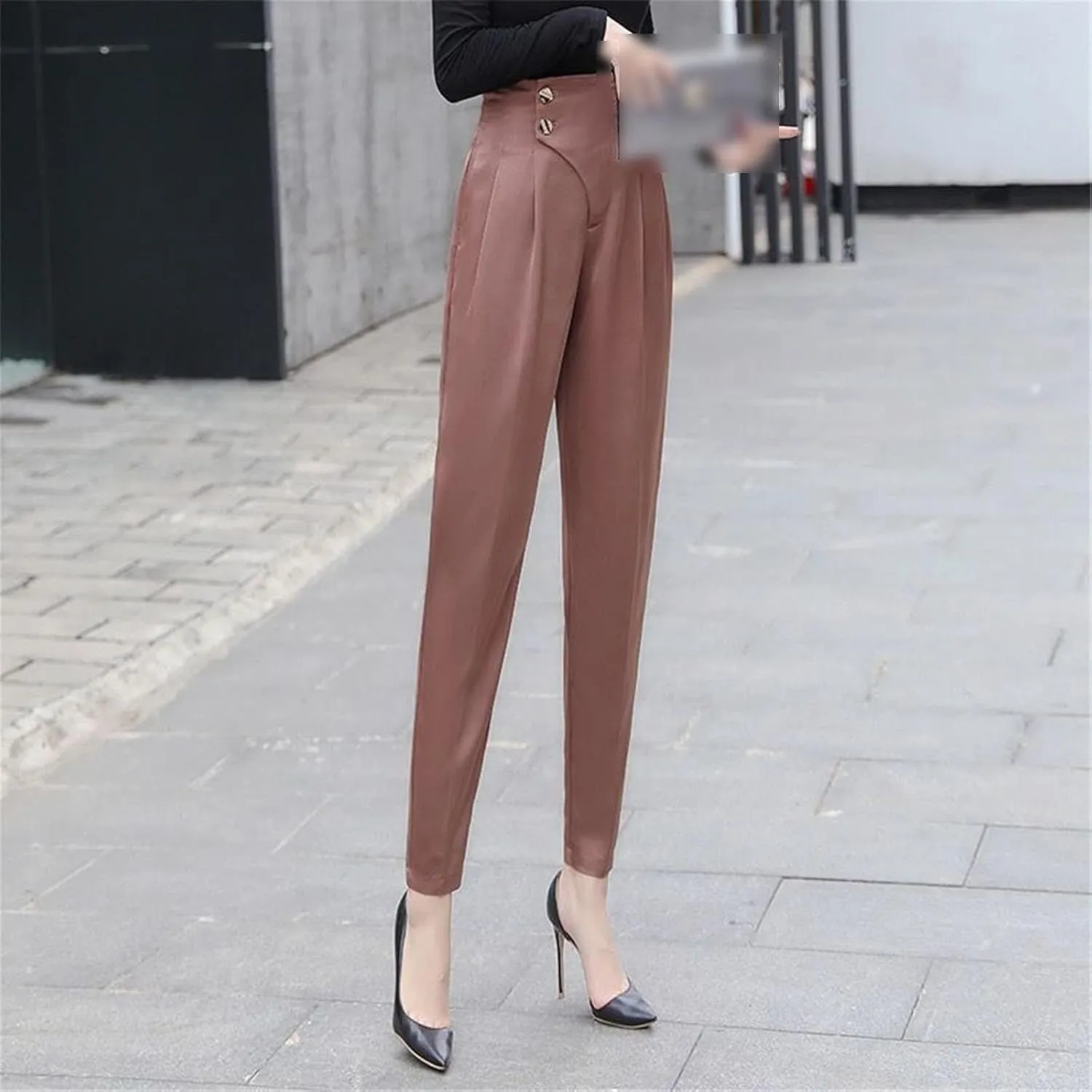 Kelsiop Solid Color Women's High Waist Harem Pants Spring and Autumn Office Workers Button Splicing Casual Cropped Pants