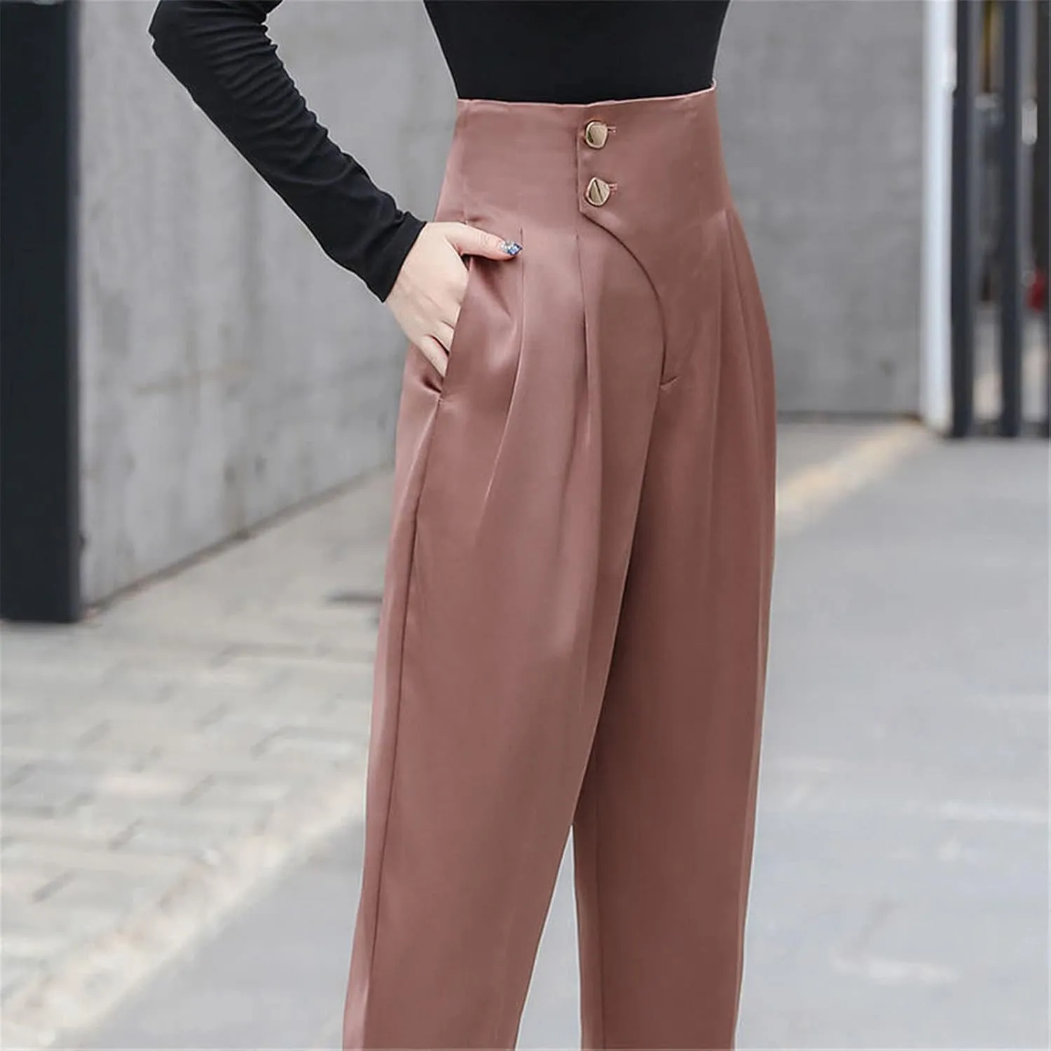 Kelsiop Solid Color Women's High Waist Harem Pants Spring and Autumn Office Workers Button Splicing Casual Cropped Pants