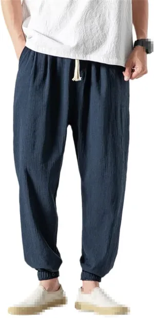 keusyoi Chinese Style Jogger Harem Pants Men Cotton Linen Sweatpants Men Casual Lightweight Trousers Summer Men Pants