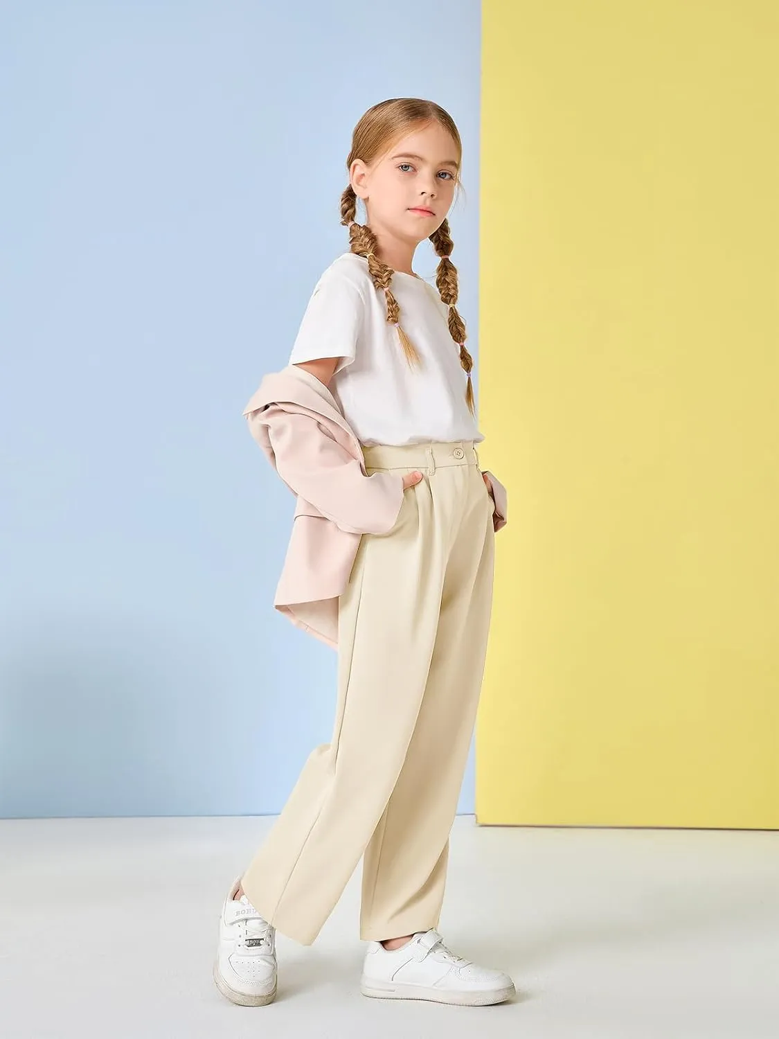Kids Girls High Waist Wide Leg School Uniform Pants 5-14 Years