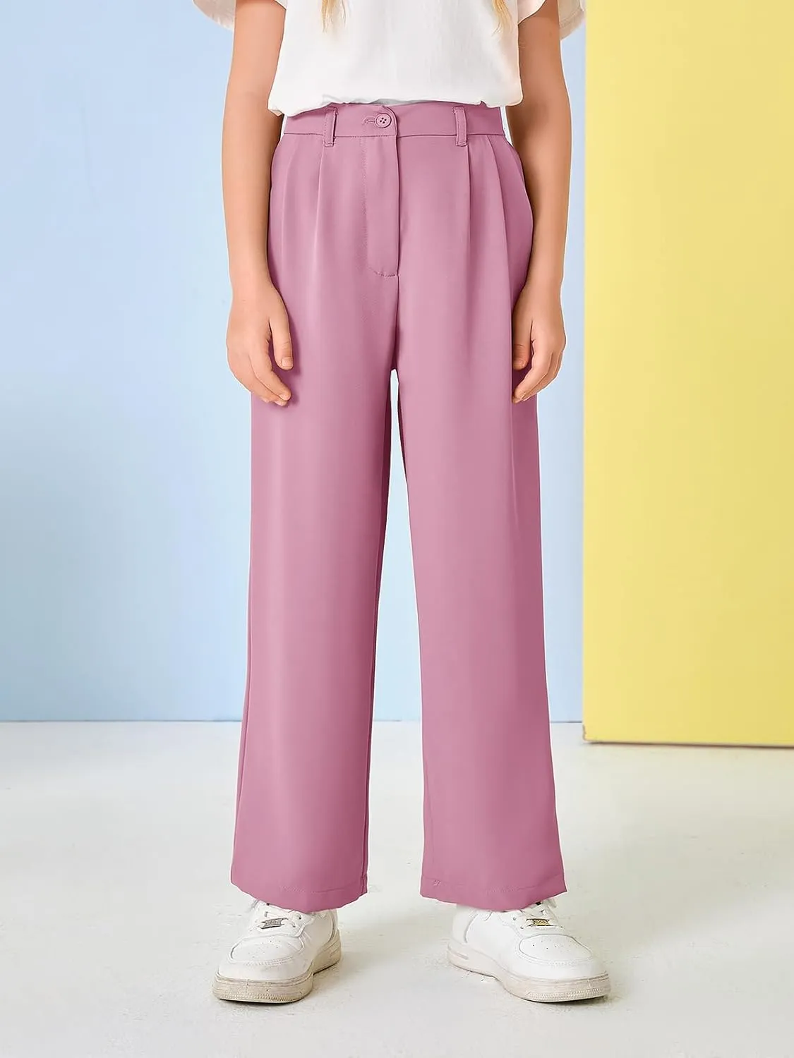 Kids Girls High Waist Wide Leg School Uniform Pants 5-14 Years