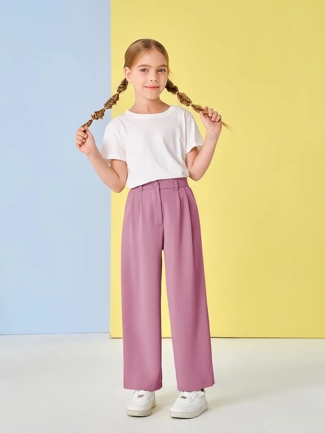 Kids Girls High Waist Wide Leg School Uniform Pants 5-14 Years