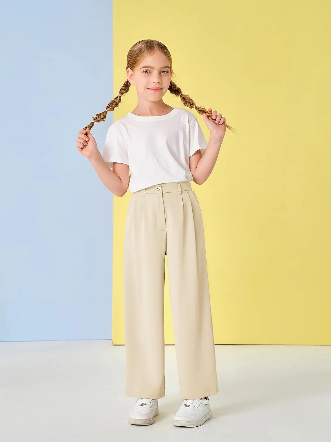 Kids Girls High Waist Wide Leg School Uniform Pants 5-14 Years