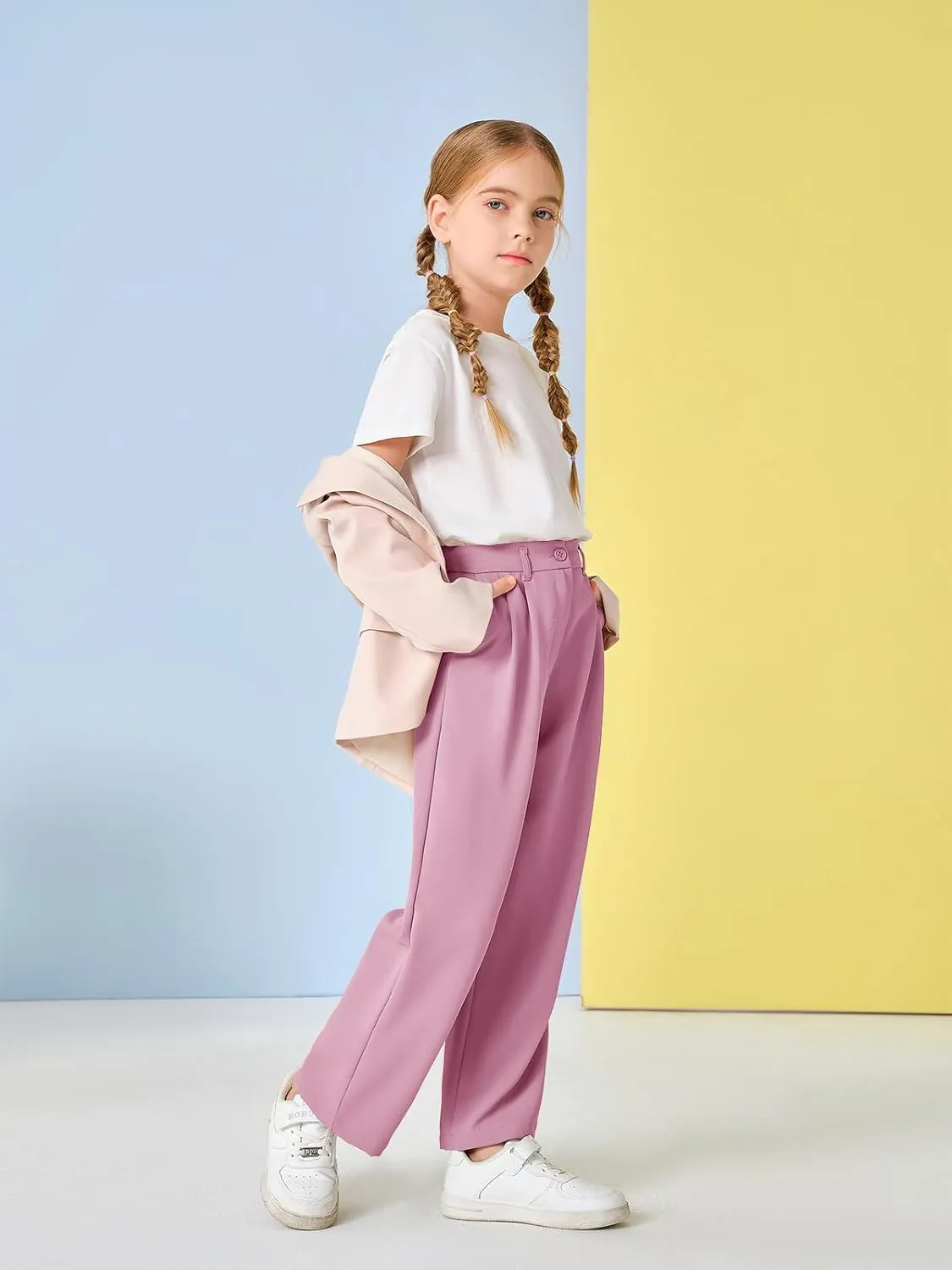 Kids Girls High Waist Wide Leg School Uniform Pants 5-14 Years