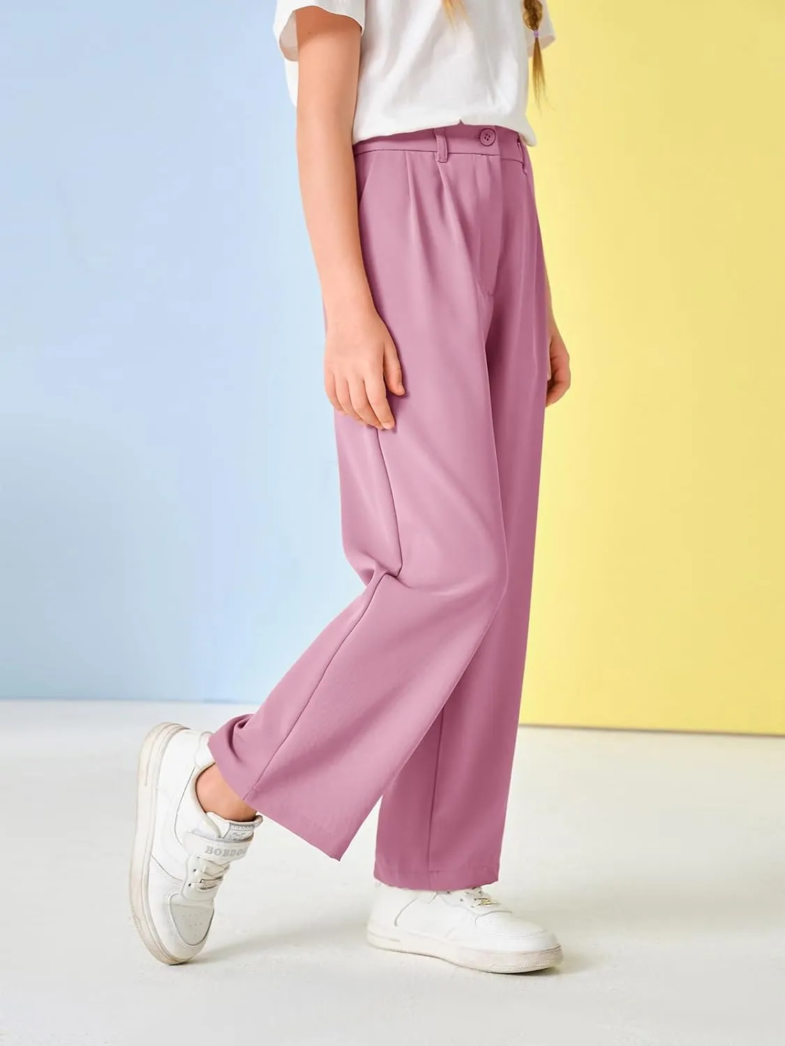 Kids Girls High Waist Wide Leg School Uniform Pants 5-14 Years