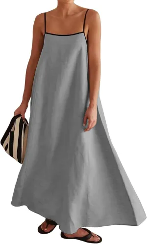 Kubbon Womens Linen Maxi Dress 2025 Summer Contrast Spaghetti Strap Dress Casual Sleeveless T Shirt Beach Dresses