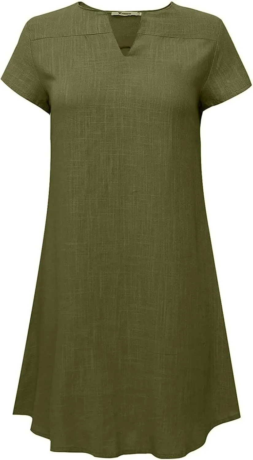 Ladies Solid Cotton Linen Casual Dress Loose Linen Mini Dress for Women Summer Dresses Pockets Comfy Beach Dresses 2023