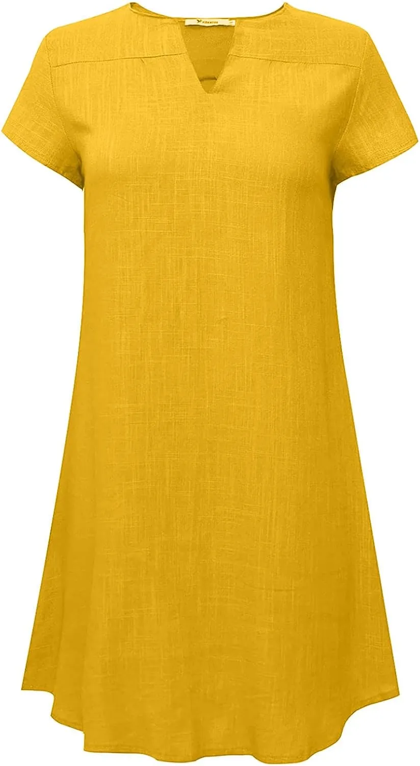Ladies Solid Cotton Linen Casual Dress Loose Linen Mini Dress for Women Summer Dresses Pockets Comfy Beach Dresses 2023