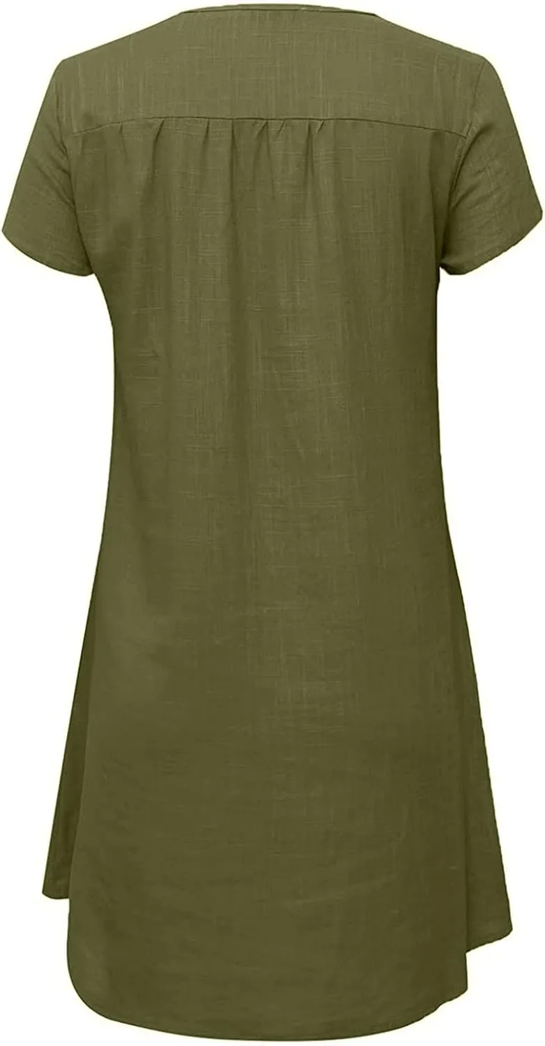 Ladies Solid Cotton Linen Casual Dress Loose Linen Mini Dress for Women Summer Dresses Pockets Comfy Beach Dresses 2023