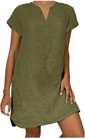 Ladies Solid Cotton Linen Casual Dress Loose Linen Mini Dress for Women Summer Dresses Pockets Comfy Beach Dresses 2023