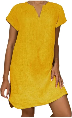 Ladies Solid Cotton Linen Casual Dress Loose Linen Mini Dress for Women Summer Dresses Pockets Comfy Beach Dresses 2023