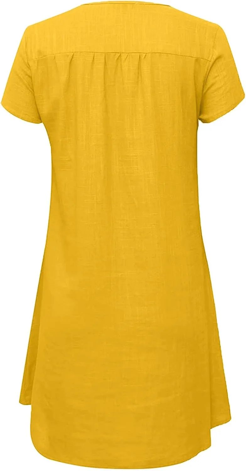 Ladies Solid Cotton Linen Casual Dress Loose Linen Mini Dress for Women Summer Dresses Pockets Comfy Beach Dresses 2023