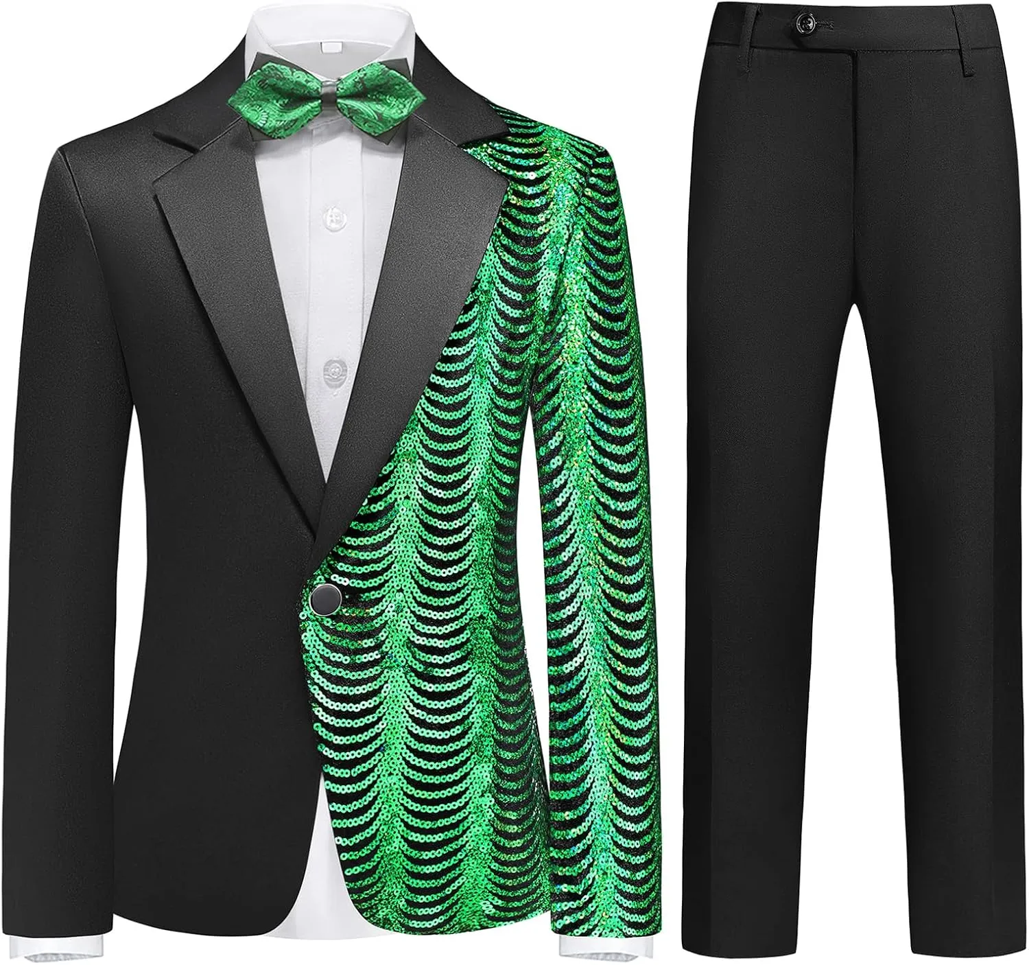 Lamgool Boys Slim Fit Suits 2 Pieces Tuxedo Set with Sequin Shiny Jacket Pant for Kids Prom Wedding Party Formal Outfit 4-16Y