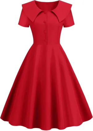 LAWOR Women's Puff Short Sleeve 1950s Dresses Polka Dot Print Tea Dresses V Neck Bowknot Rockabilly Dress Pleated Swing Dress