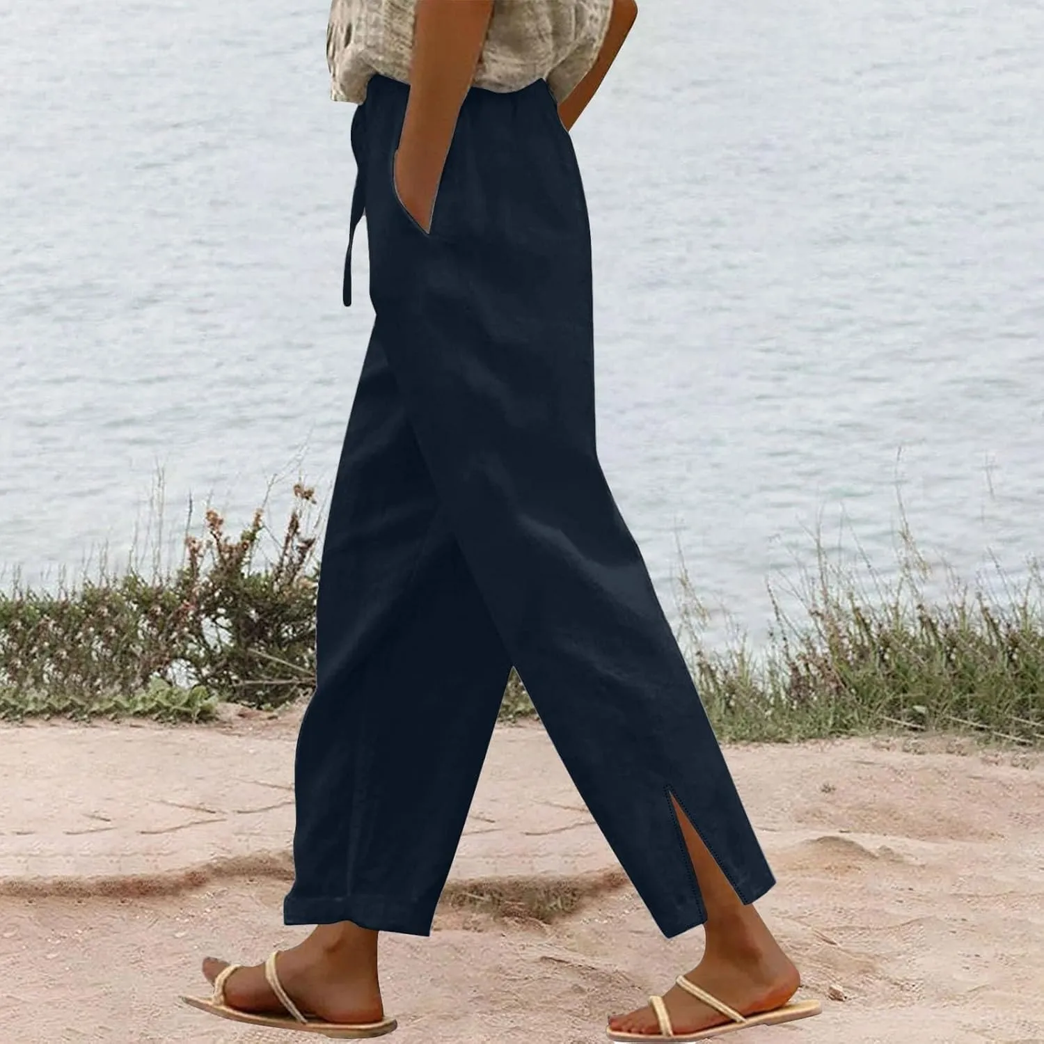 Liene Pants for Women,Wwomens Casual Summer 2025 Drawstring Elastic High Waist Pant Comfy Solid Color Trouser