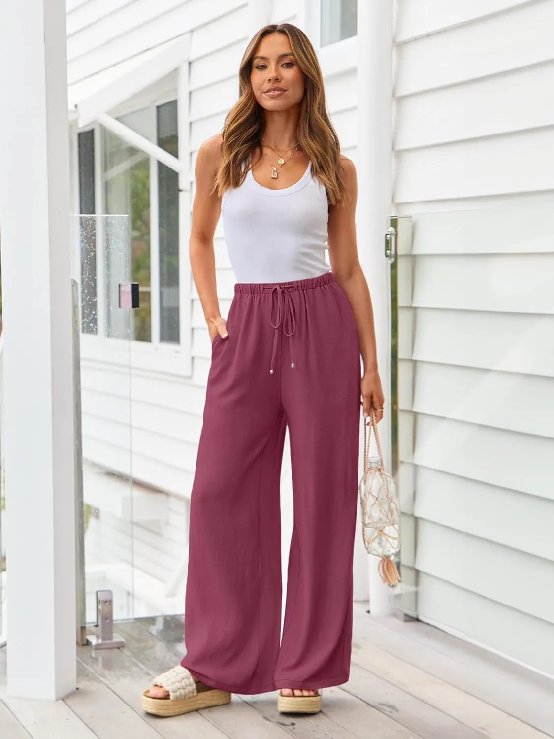 LILLUSORY Women's Linen Summer Palazzo Pants Flowy Wide Leg Beach Pants with Pockets