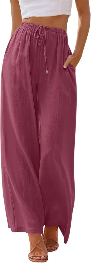 LILLUSORY Women's Linen Summer Palazzo Pants Flowy Wide Leg Beach Pants with Pockets