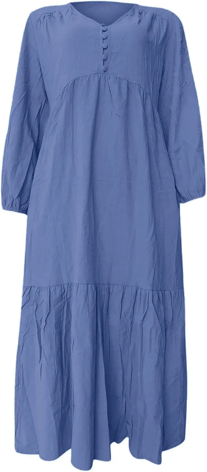 Linen Dress Women Button Front V Neck Long Sleeve Dress Pleated Tiered Ruffle Bottom Maxi Fall Dresses with Pockets