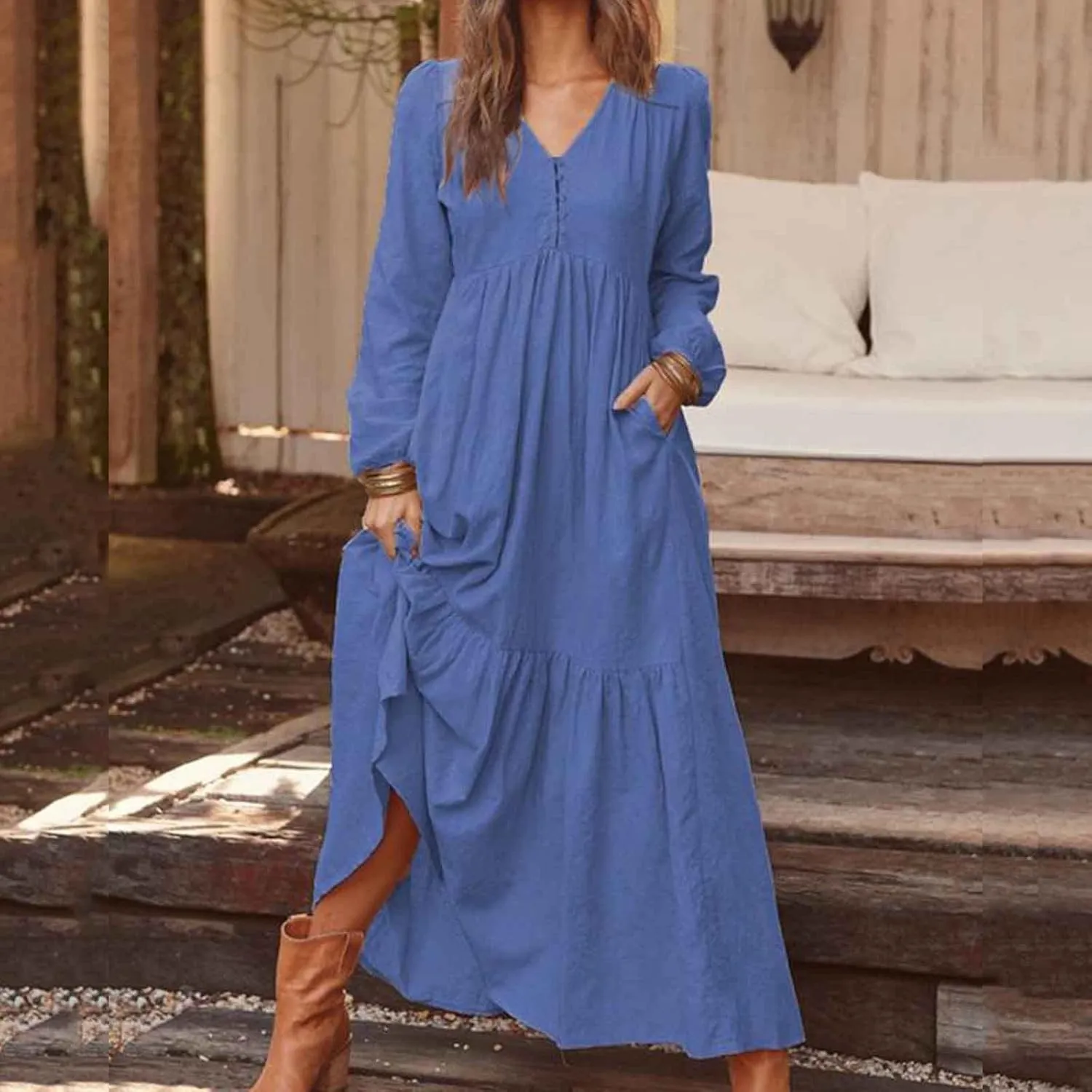 Linen Dress Women Button Front V Neck Long Sleeve Dress Pleated Tiered Ruffle Bottom Maxi Fall Dresses with Pockets