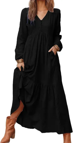 Linen Dress Women Button Front V Neck Long Sleeve Dress Pleated Tiered Ruffle Bottom Maxi Fall Dresses with Pockets