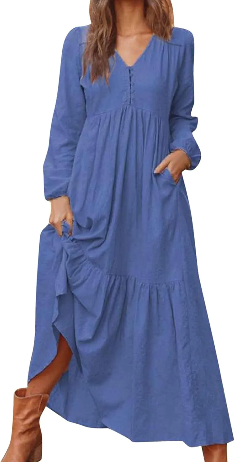 Linen Dress Women Button Front V Neck Long Sleeve Dress Pleated Tiered Ruffle Bottom Maxi Fall Dresses with Pockets