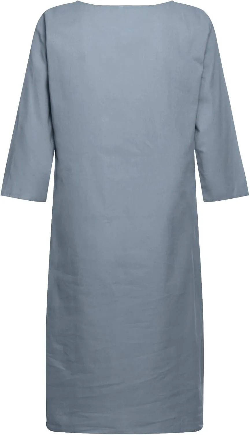 Linen Dress Women Short Sleeve V Neck Midi Dresses Summer Casual Cotton Linen Dress Solid Dress Vintage Beachwear
