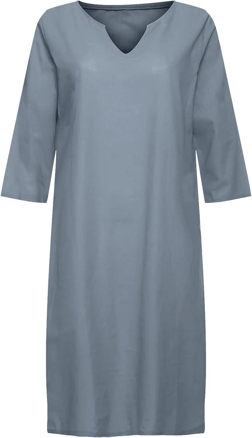 Linen Dress Women Short Sleeve V Neck Midi Dresses Summer Casual Cotton Linen Dress Solid Dress Vintage Beachwear