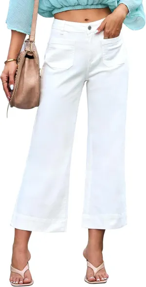 Lisskolo Women's Wide Leg Cropped Jeans Mid-Waisted Flare Straight Leg Crop Stretchy Denim Pants with Front Patchwork Pockets