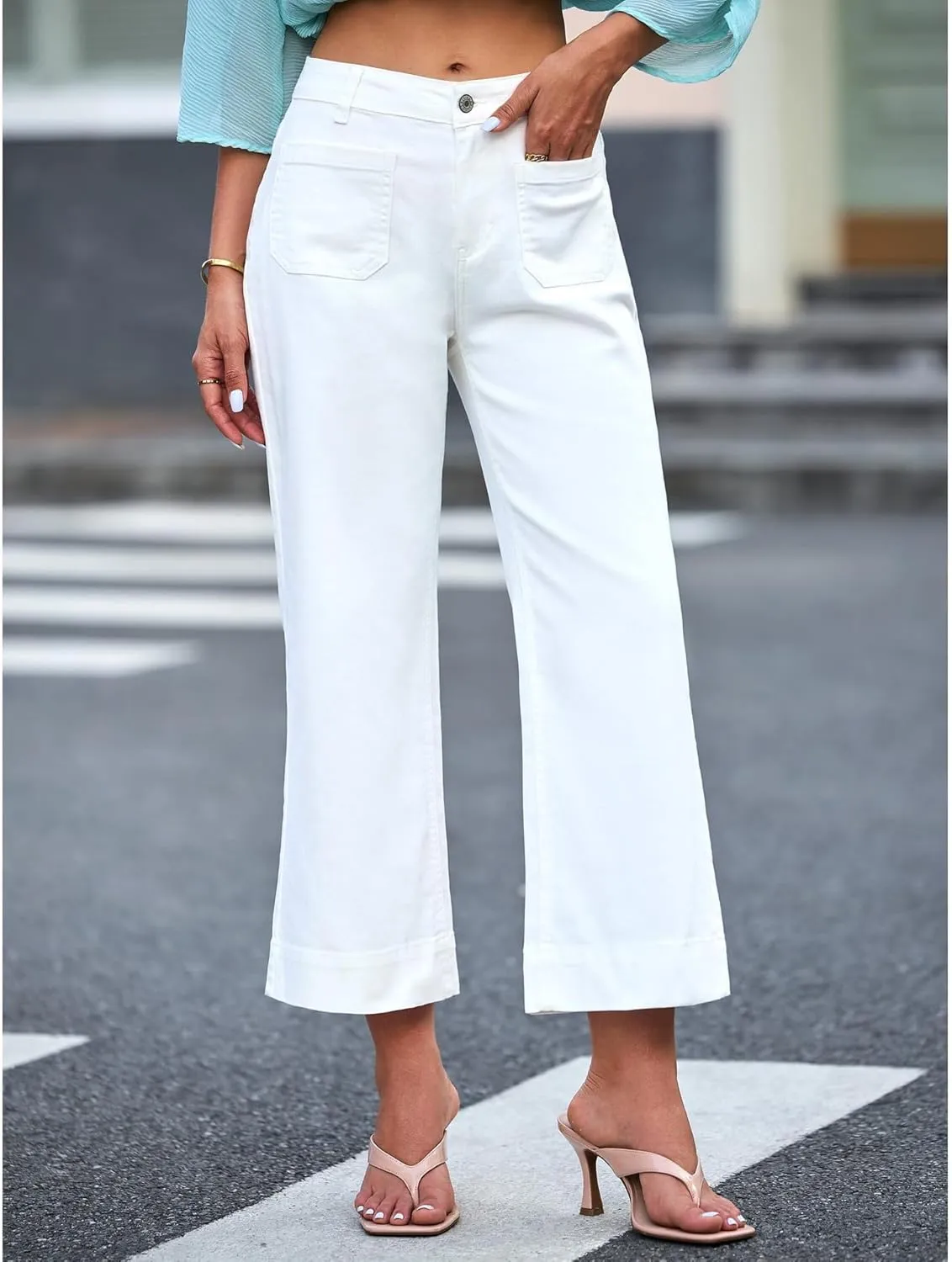 Lisskolo Women's Wide Leg Cropped Jeans Mid-Waisted Flare Straight Leg Crop Stretchy Denim Pants with Front Patchwork Pockets