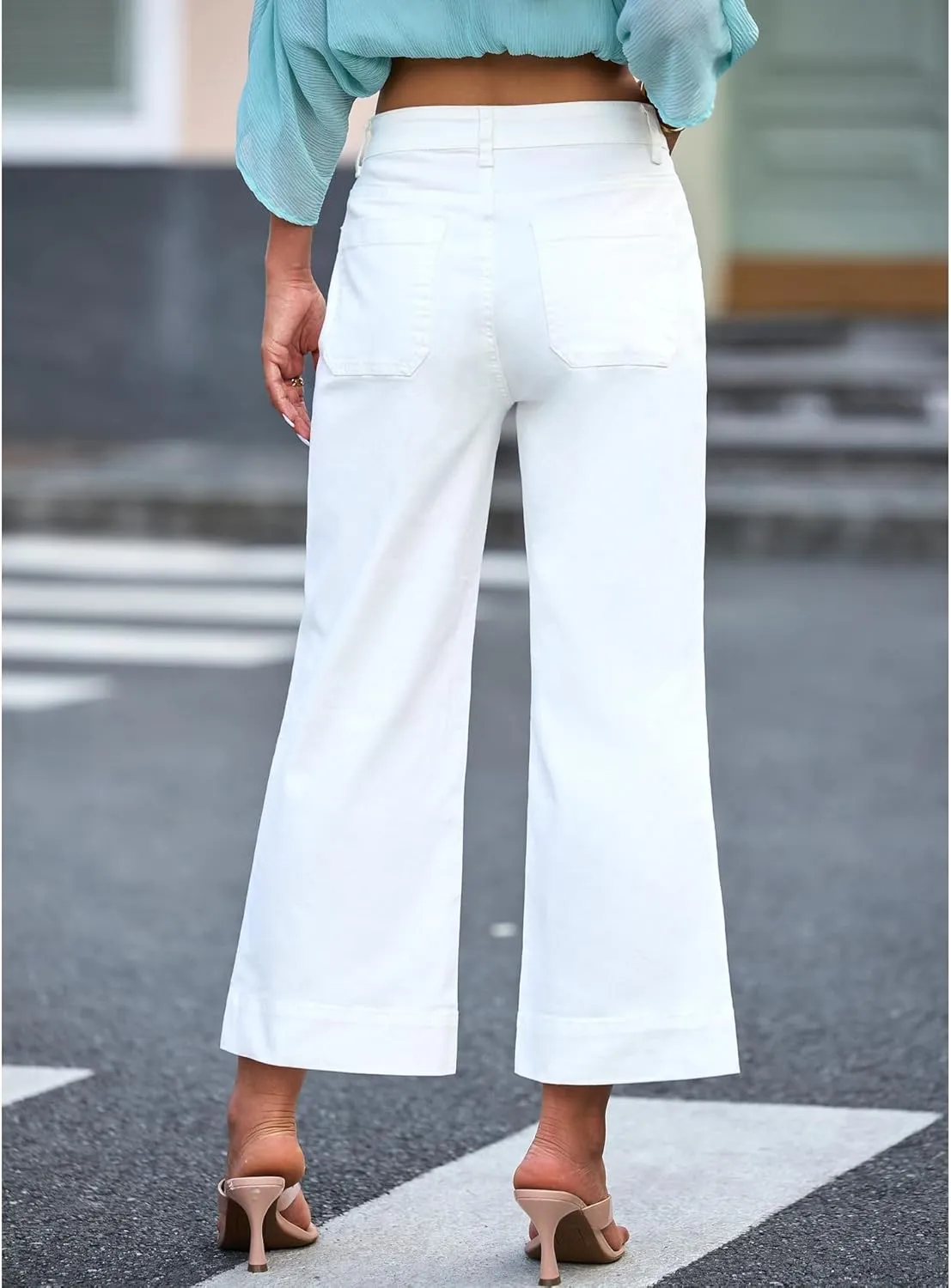 Lisskolo Women's Wide Leg Cropped Jeans Mid-Waisted Flare Straight Leg Crop Stretchy Denim Pants with Front Patchwork Pockets
