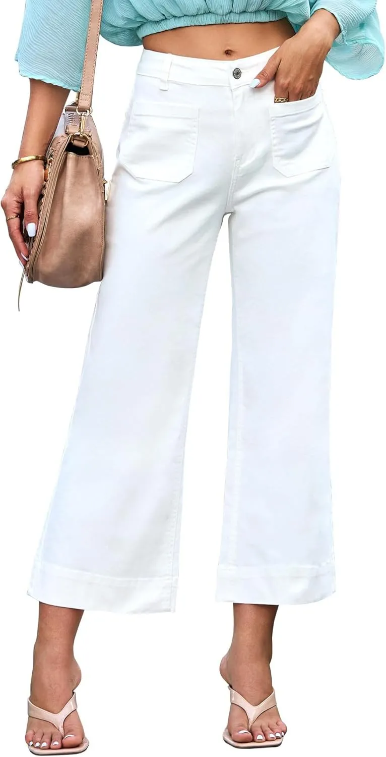 Lisskolo Women's Wide Leg Cropped Jeans Mid-Waisted Flare Straight Leg Crop Stretchy Denim Pants with Front Patchwork Pockets
