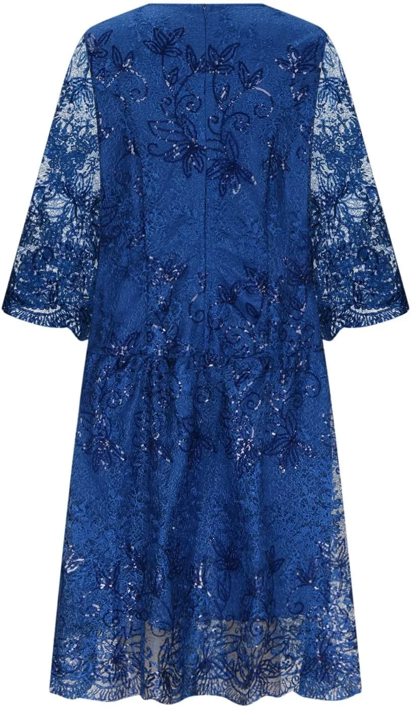 Lmdudan 2025 Plus Size Women Elegant Floral lace Midi Dress Lace Chiffon Wedding Guest Dresses Formal 3/4 Sleeve Dresses