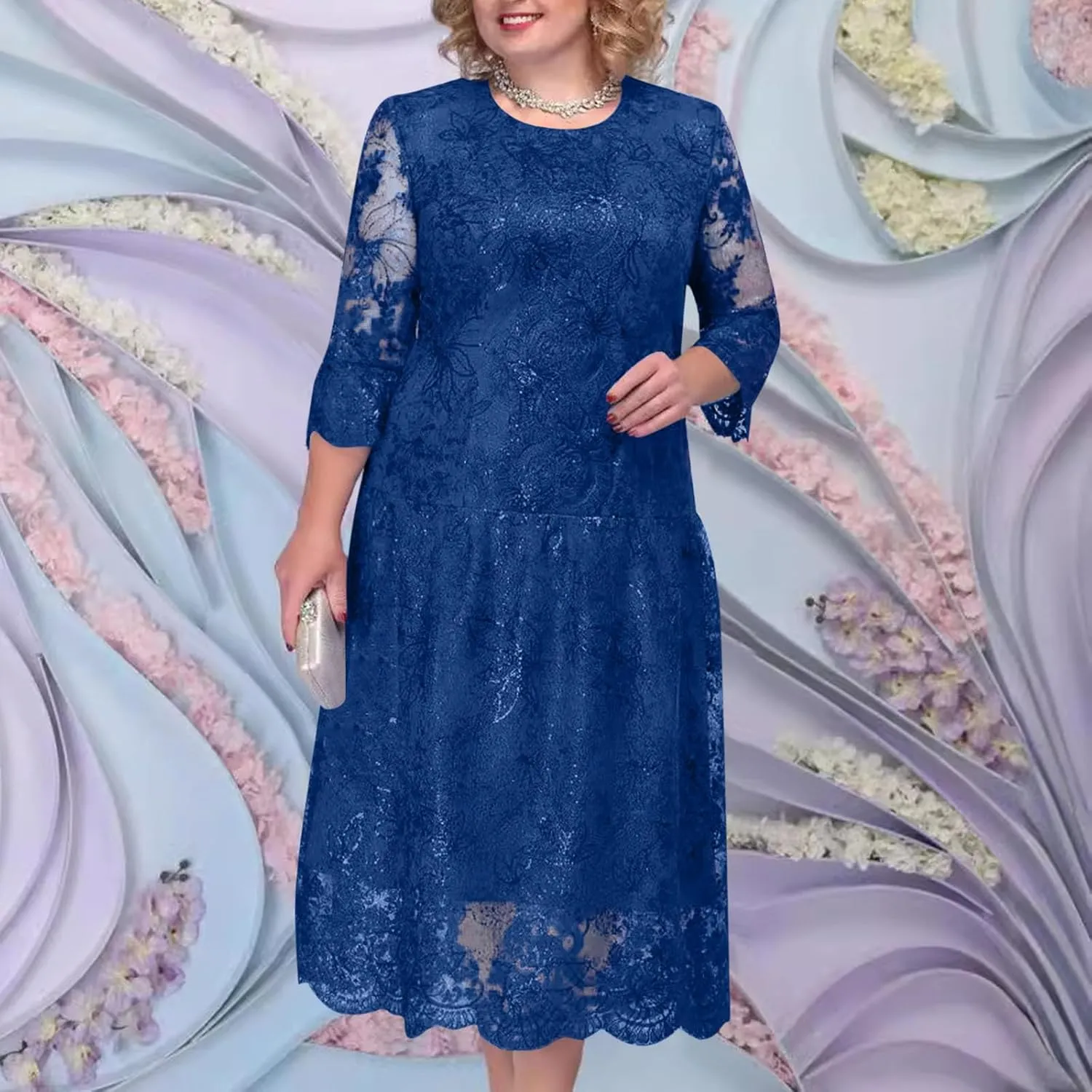 Lmdudan 2025 Plus Size Women Elegant Floral lace Midi Dress Lace Chiffon Wedding Guest Dresses Formal 3/4 Sleeve Dresses