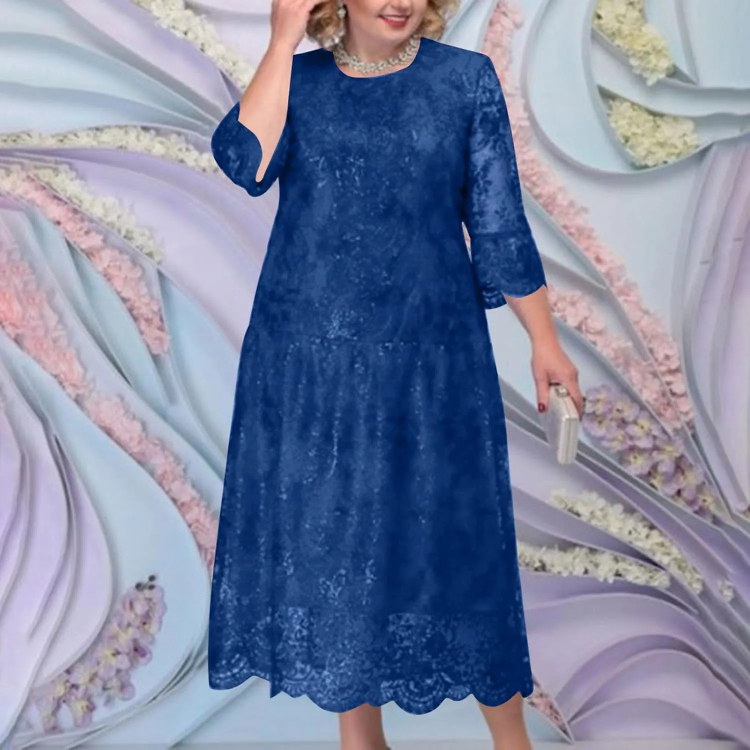 Lmdudan 2025 Plus Size Women Elegant Floral lace Midi Dress Lace Chiffon Wedding Guest Dresses Formal 3/4 Sleeve Dresses