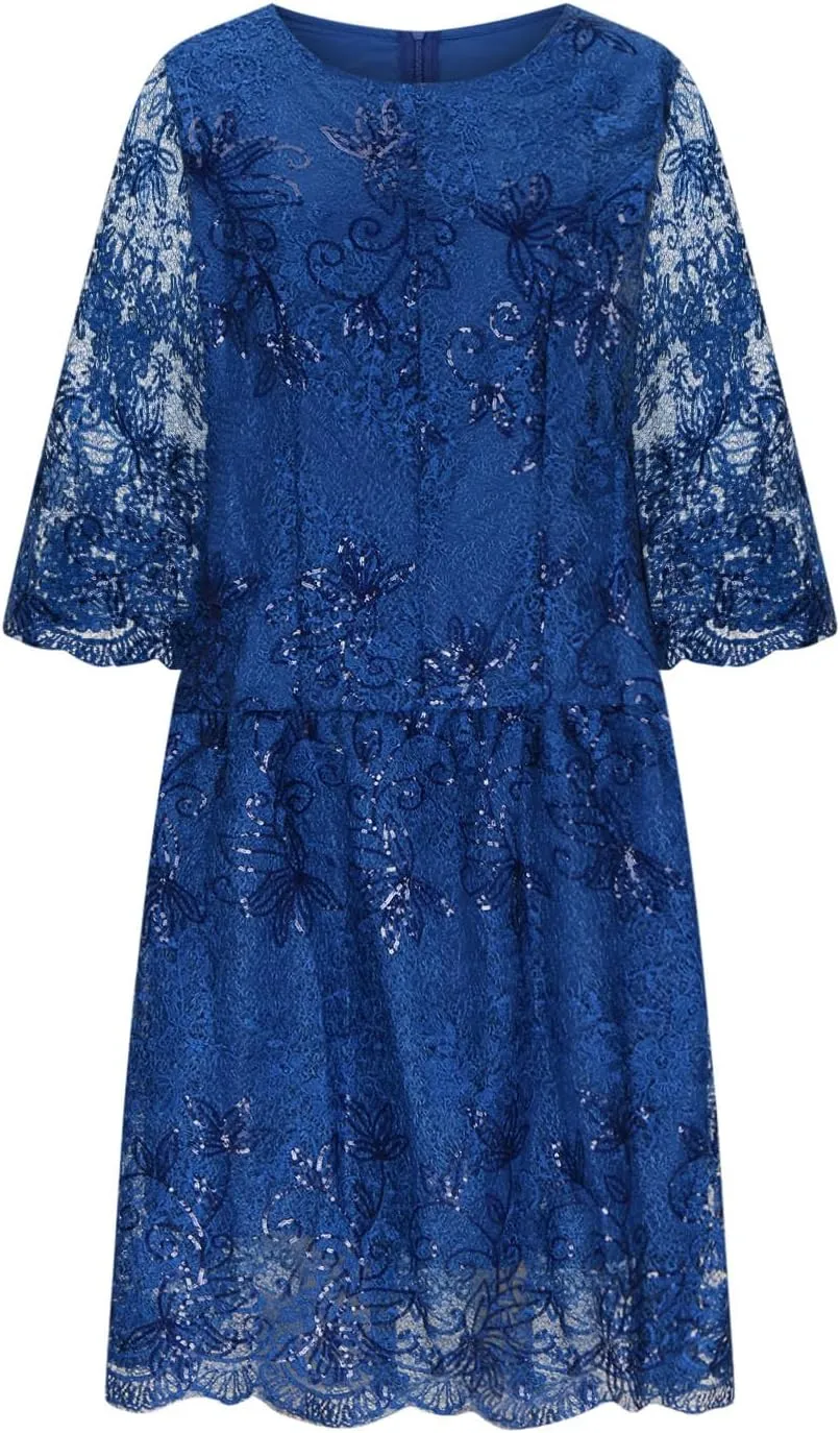 Lmdudan 2025 Plus Size Women Elegant Floral lace Midi Dress Lace Chiffon Wedding Guest Dresses Formal 3/4 Sleeve Dresses