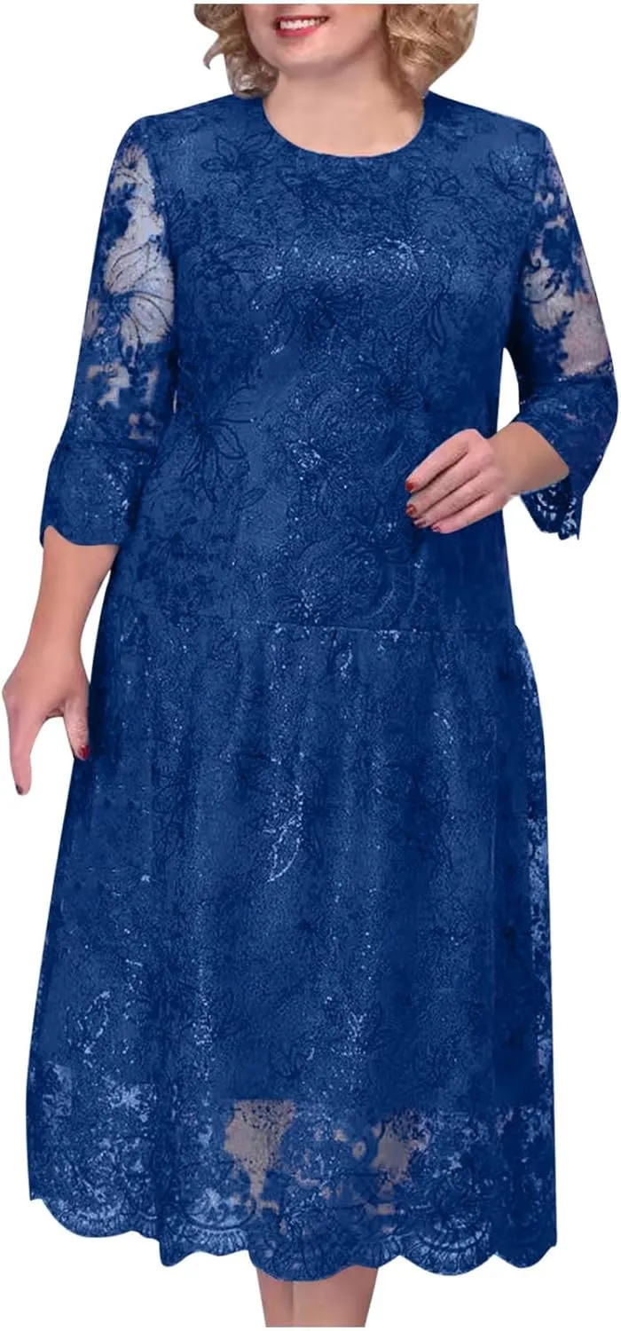 Lmdudan 2025 Plus Size Women Elegant Floral lace Midi Dress Lace Chiffon Wedding Guest Dresses Formal 3/4 Sleeve Dresses
