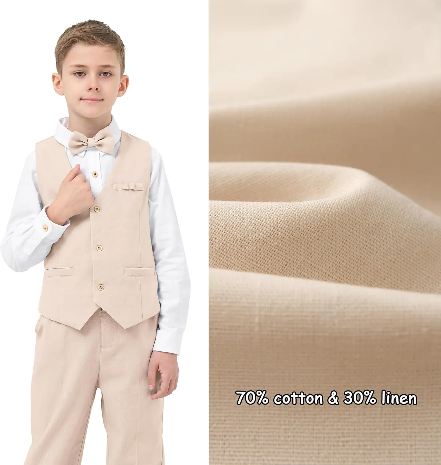 LOLANTA Boys Linen Suit Dress Clothes Kids Graduation Wedding Outfit 4 Piece Shirt Vest Pants Set with Bow Tie